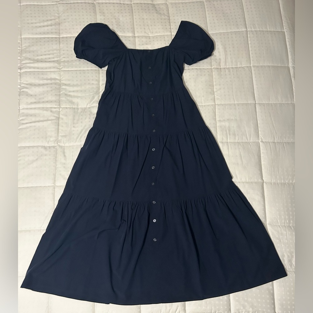 Time and Tru Navy Puff Sleeve Tiered Button Dress